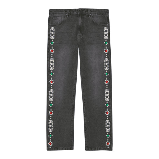Black jeans with gem stone stud on leg.