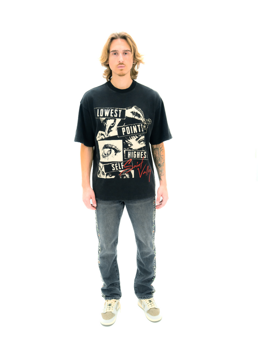 black graphic t-shirt and black jeans 